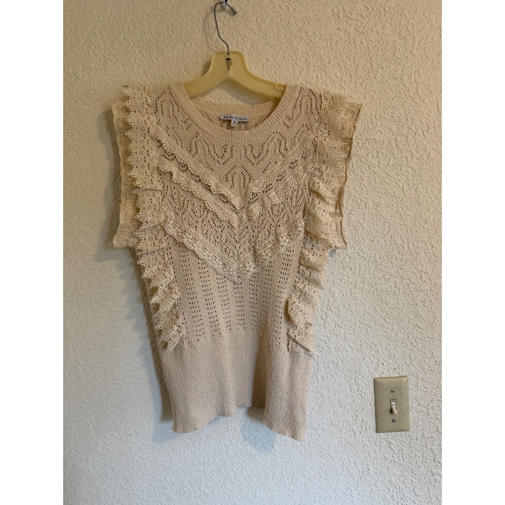 See And Be Seen Cream Crochet Pointelle Ruffle Lace Sleeveless Knit Top SV6269 M